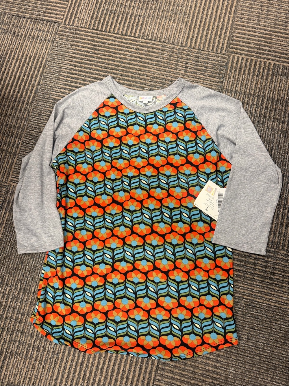 NWT LuLaRoe Randy Raglan Baseball Tee with Orange Blue Floral Sz Large